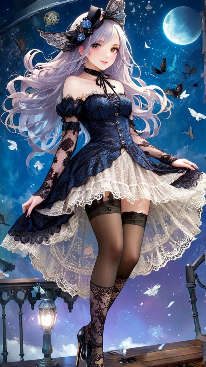 Elegant Character in Moonlit Sky with Butterflies