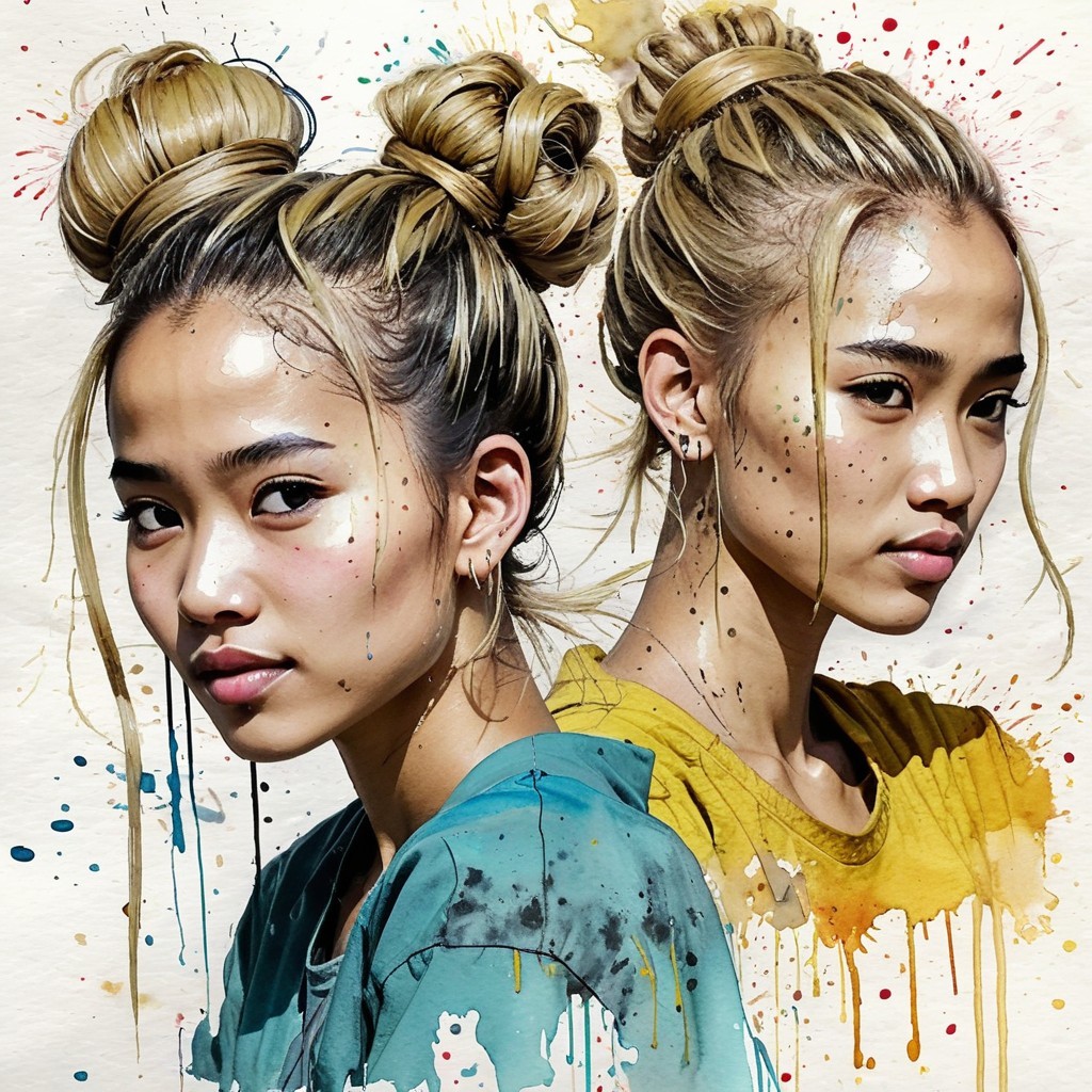 Young Woman with Double Bun and Colorful Background