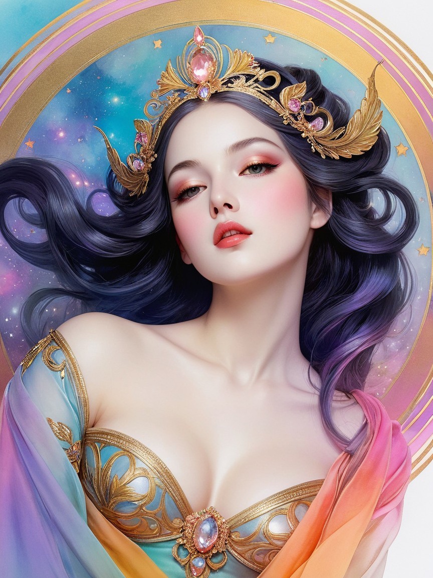 Celestial Woman Portrait with Jewel Crown and Cosmic Background