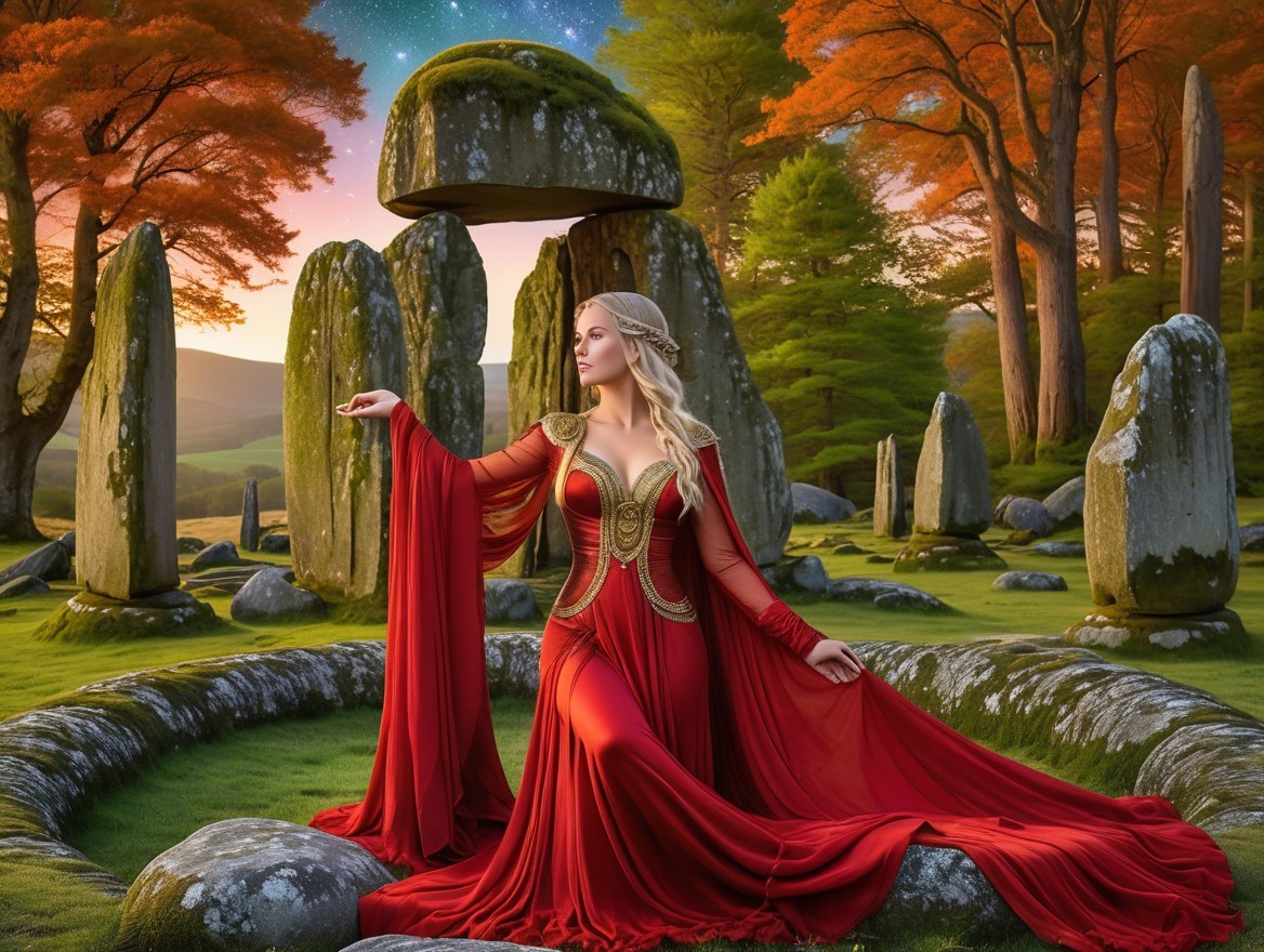Mystical Woman in Red Gown Among Ancient Stones