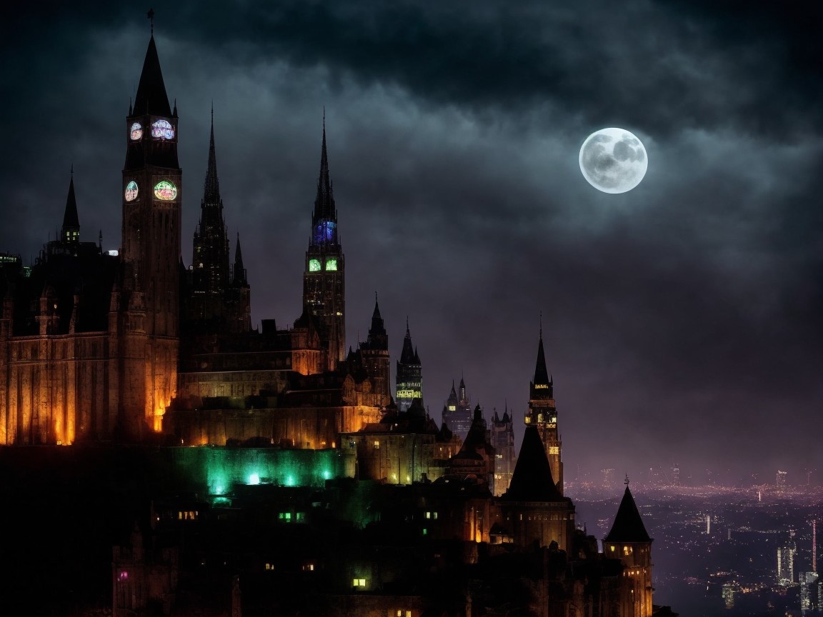 Majestic castle under stormy night sky with moonlight