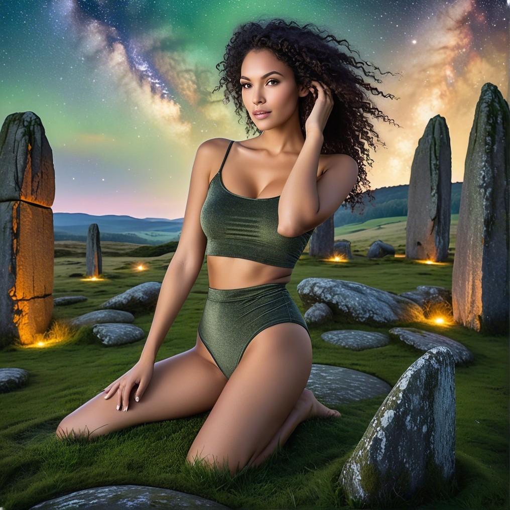 Woman in Green Outfit Amidst Starry Landscape