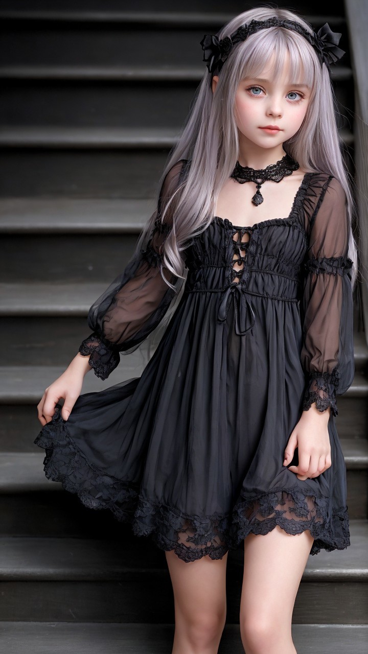 Young girl in black lace dress on staircase