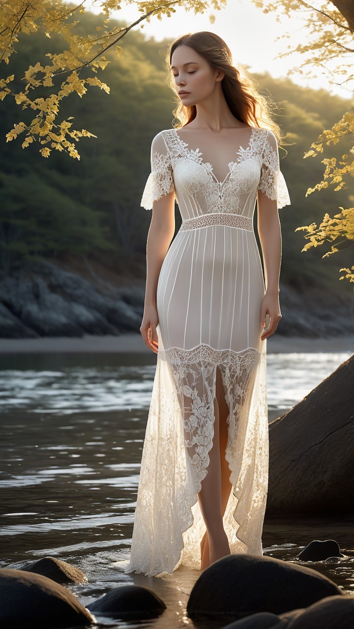 Woman in White Gown in Serene Shallow Water Scene