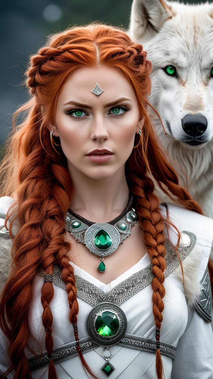 Confident woman in white dress with a protective wolf