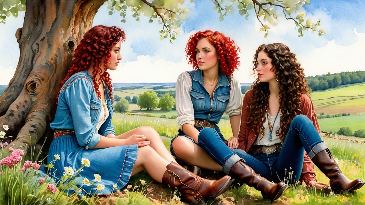 Young women with red curly hair under a blossoming tree