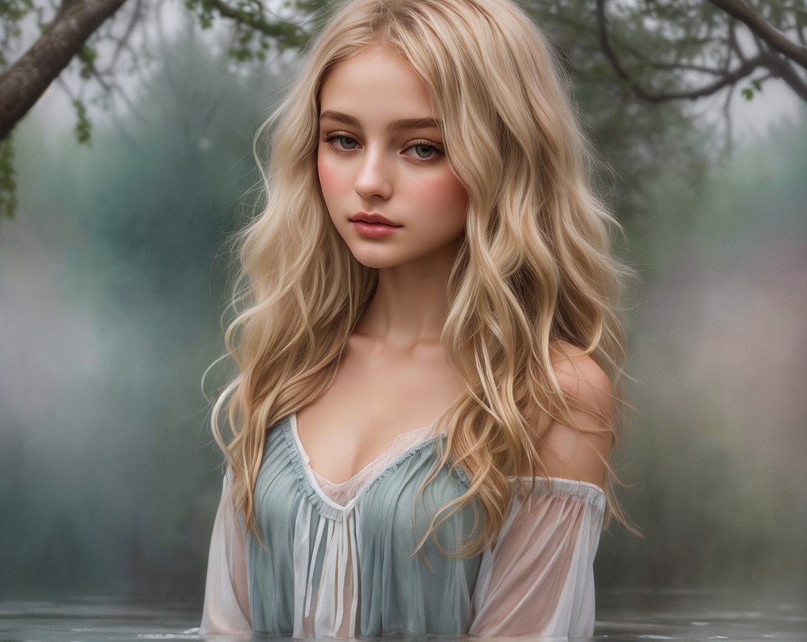 Young Woman in Misty Landscape with Flowing Hair