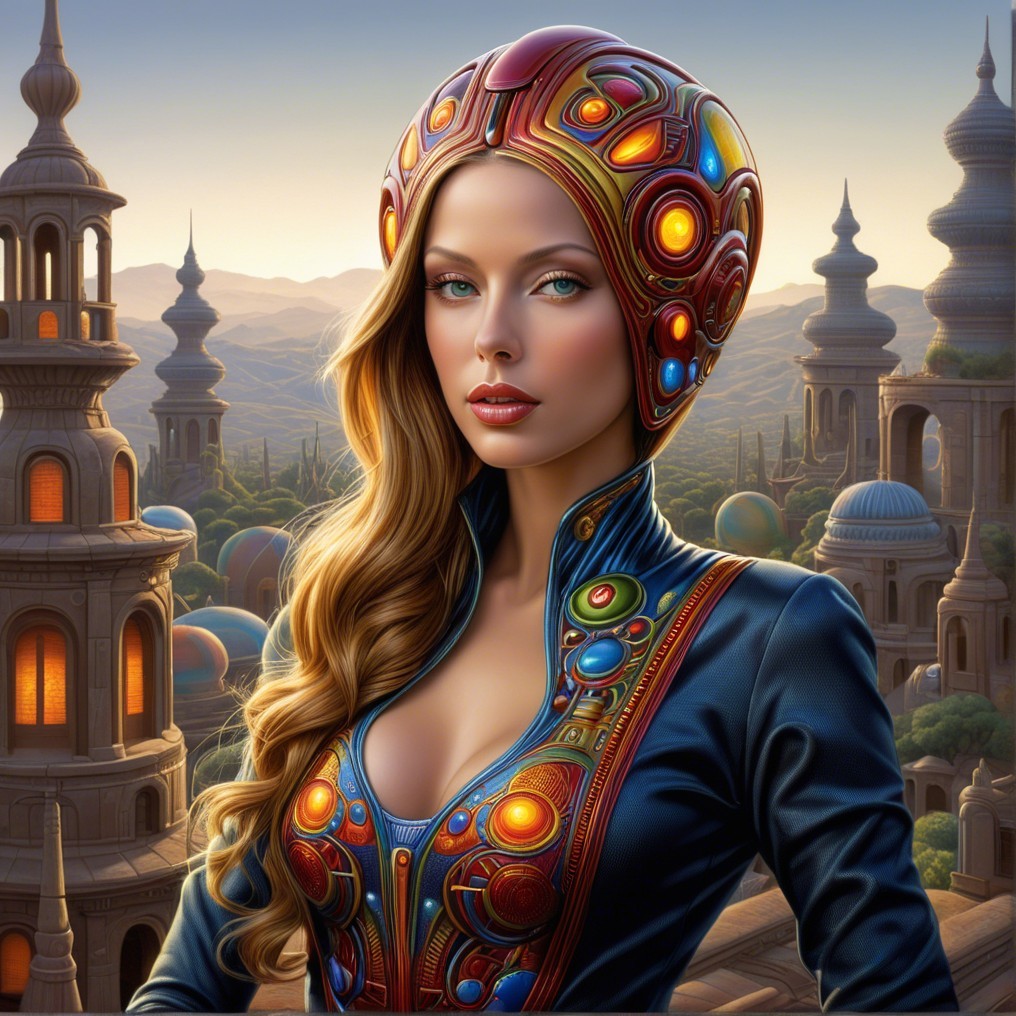 Stunning Woman in Vibrant Outfit with Futuristic Landscape