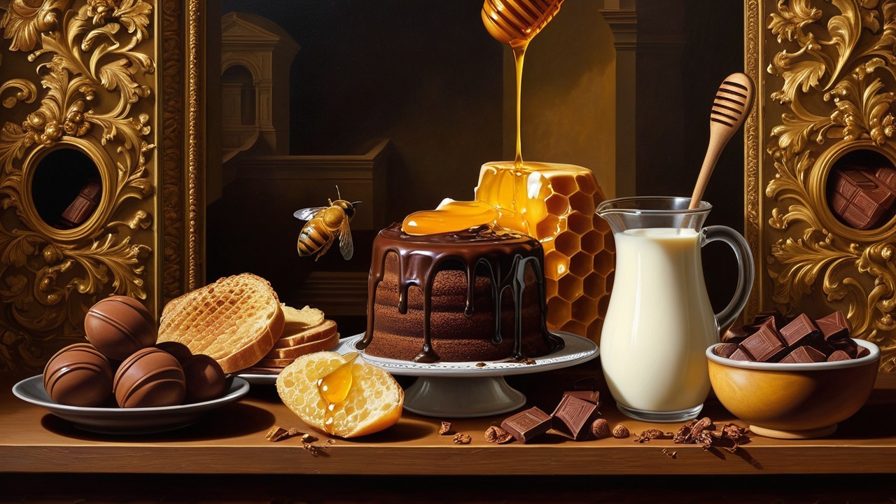 Chocolate Cake with Honey and Assorted Treats Display
