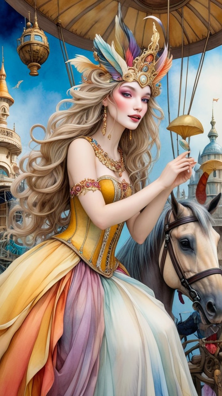Fantastical Scene of Woman on Horse with Umbrella
