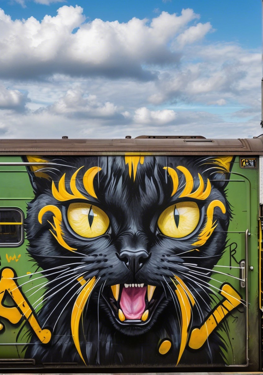 Oversized Black Cat Street Art on Train Side
