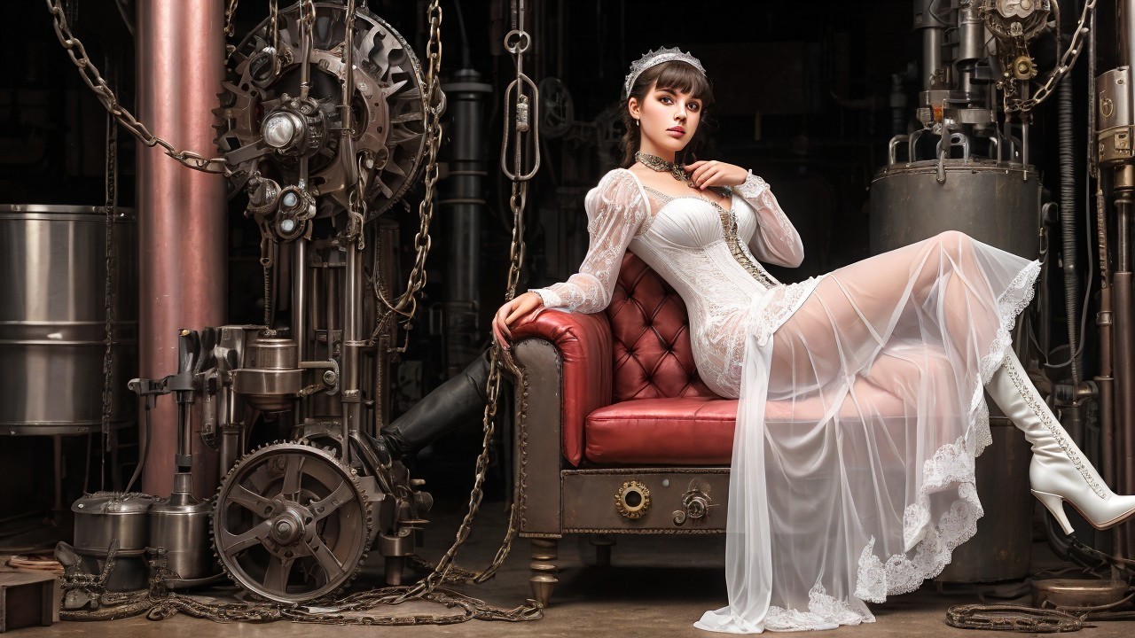 Model on Vintage Red Sofa in Sheer White Gown