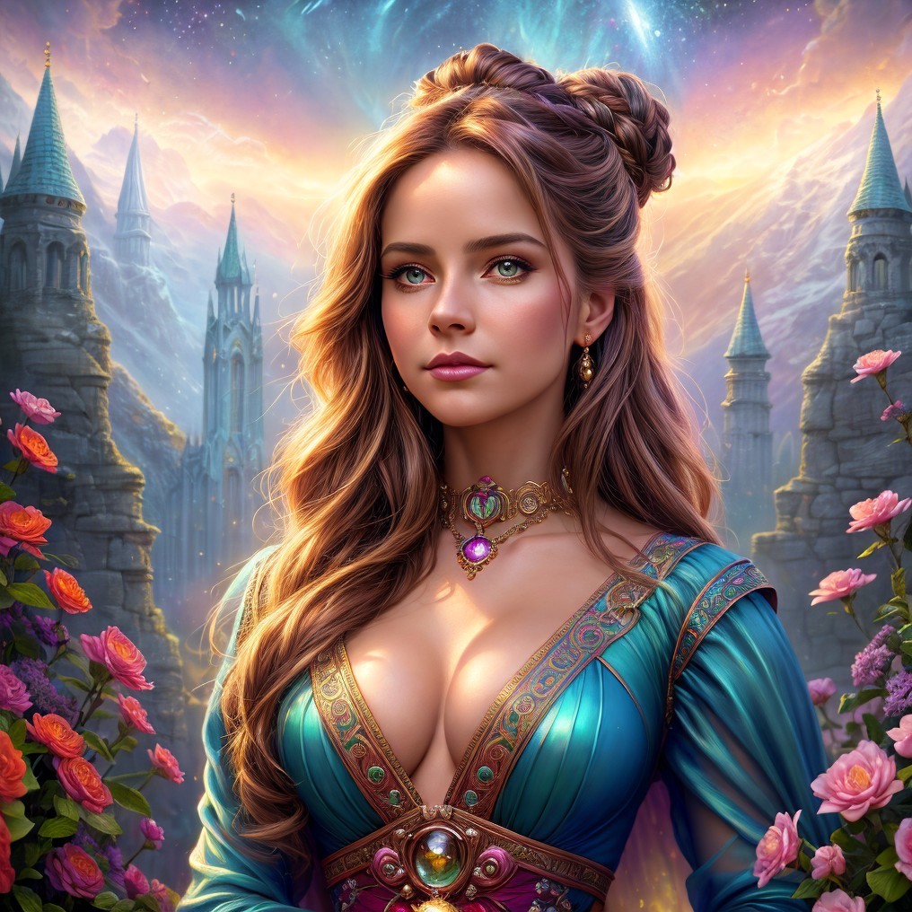 Fantasy Scene with Woman in Gown Surrounded by Roses
