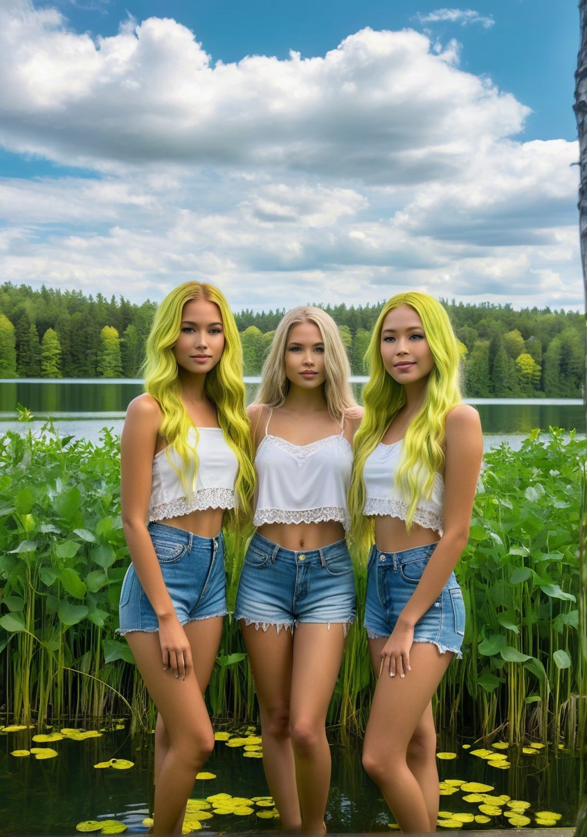 Young women by serene lake in matching outfits
