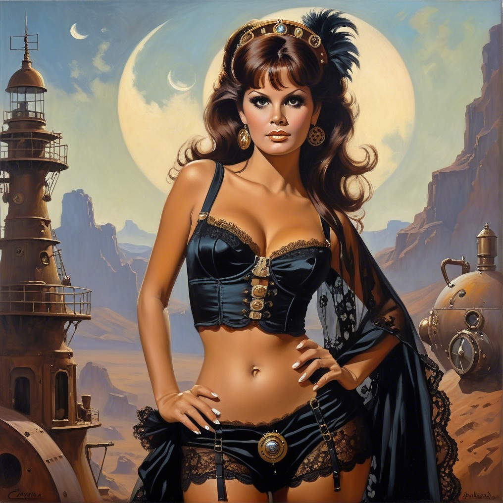 Confident Woman in Fantasy Retro Sci-Fi Landscape