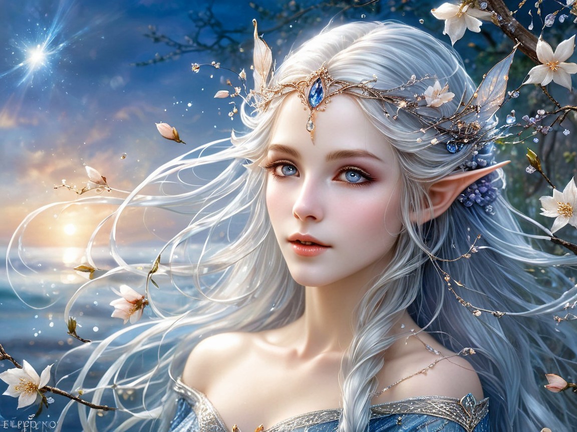Ethereal Figure with Silver Hair in Dreamy Landscape