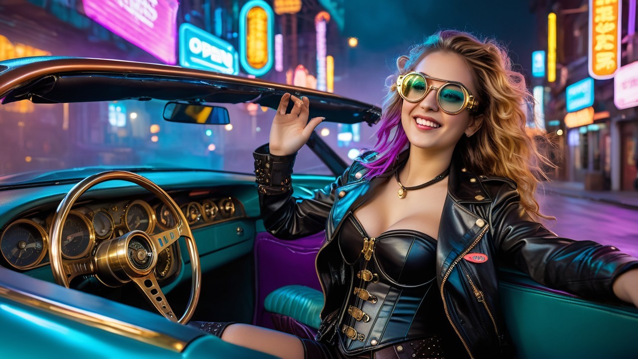 Stylish Woman in Convertible with Neon City Lights