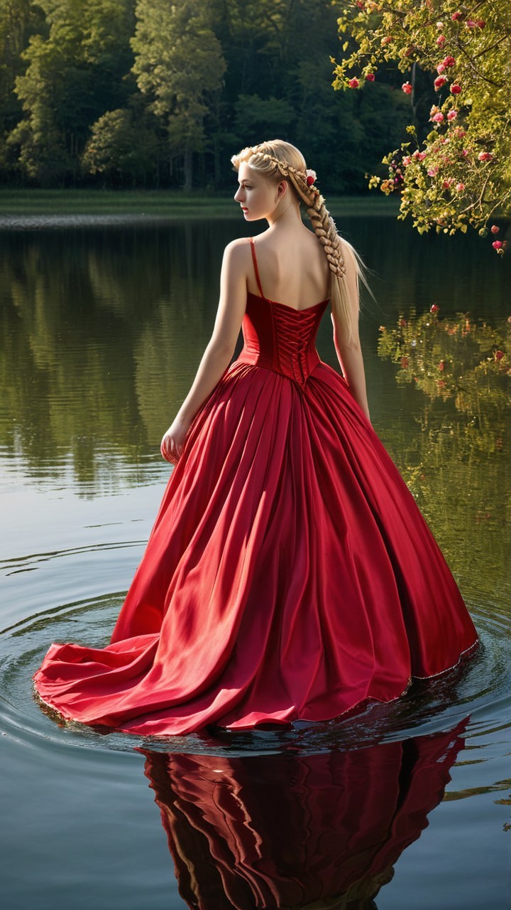 Woman in Red Gown by Serene Lake with Greenery