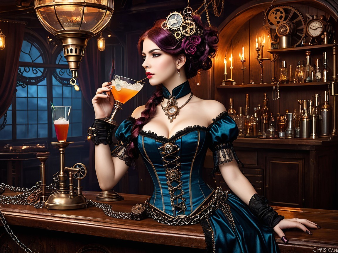Steampunk Bar Scene with Elegant Woman in Corset Dress