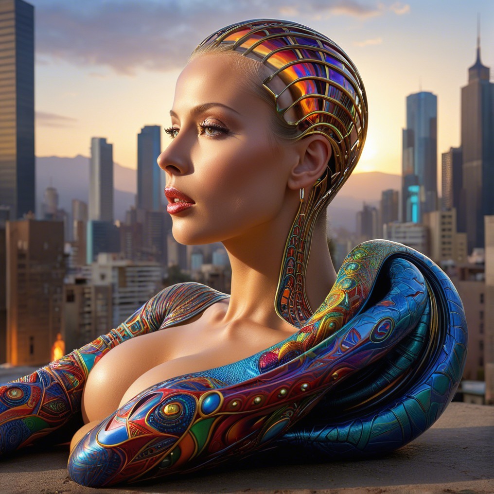 Futuristic Figure with Tattoos and Metallic Headpiece
