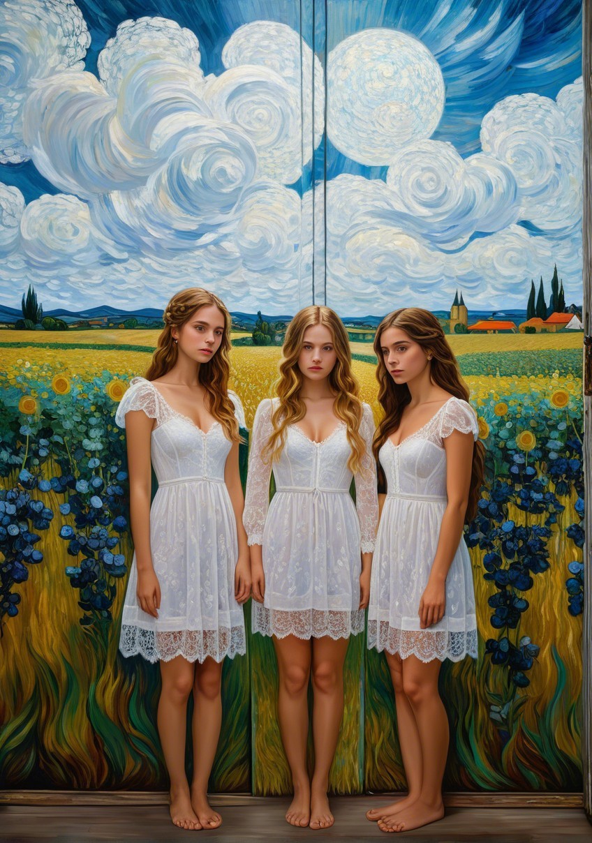 Young women in white dresses in a sunlit field