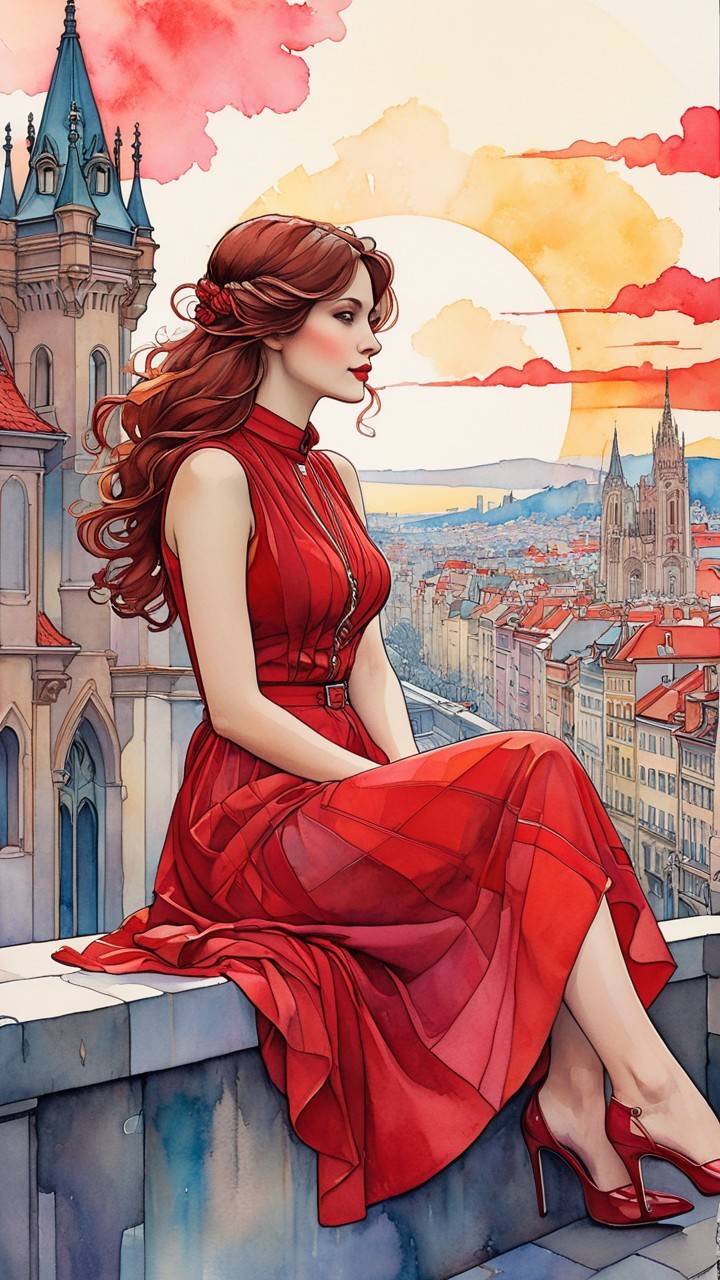 Woman in Red Dress Overlooking Sunset Cityscape