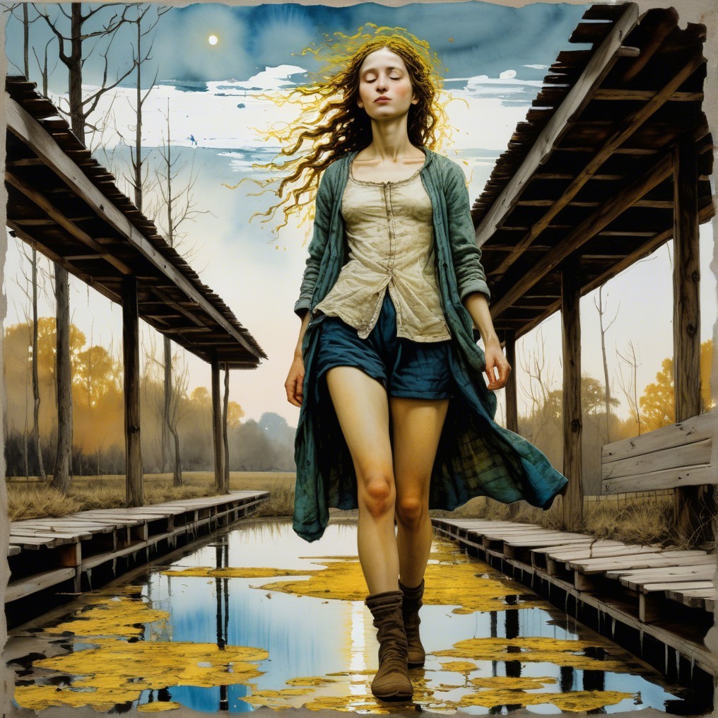 Young woman on wooden pathway over calm waters