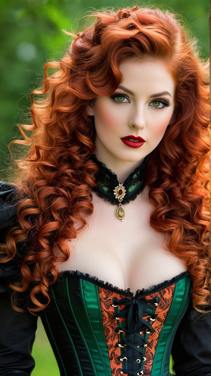 Striking Woman with Curly Red Hair in Black Corset