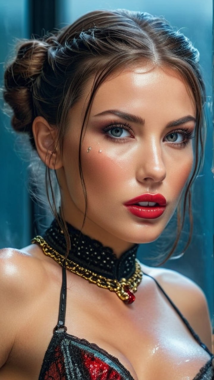 Close-Up Portrait of a Woman with Blue Eyes and Red Lips