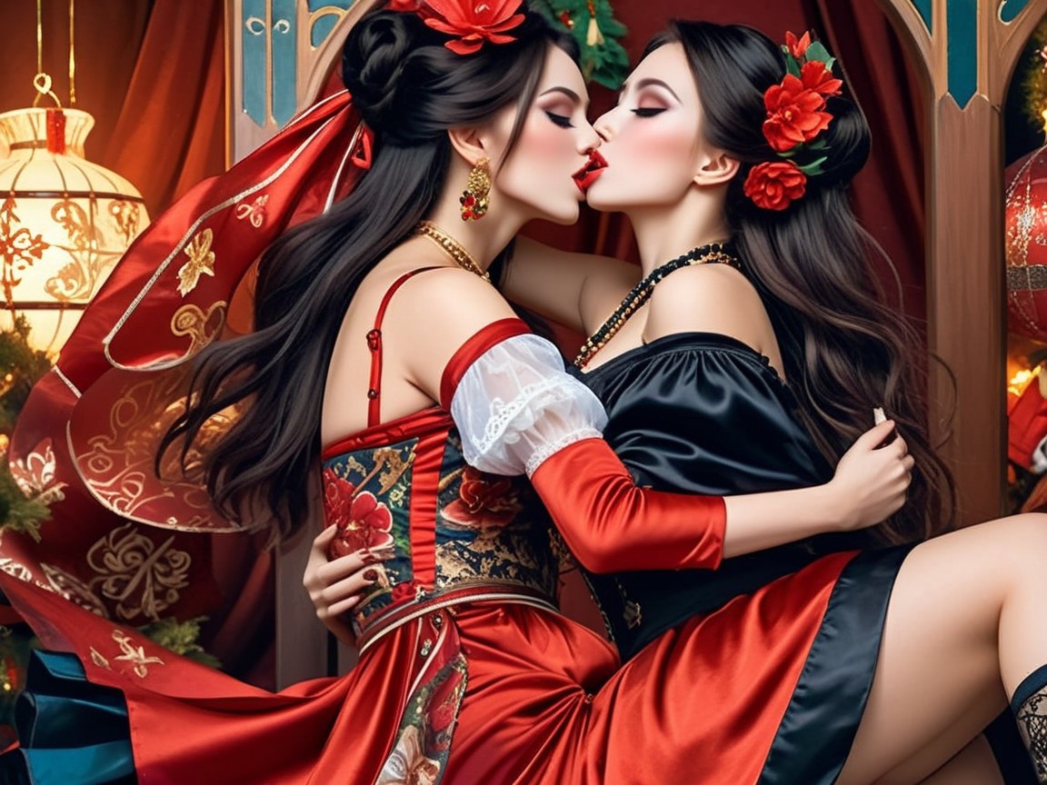 Women in Traditional Dresses in Romantic Setting