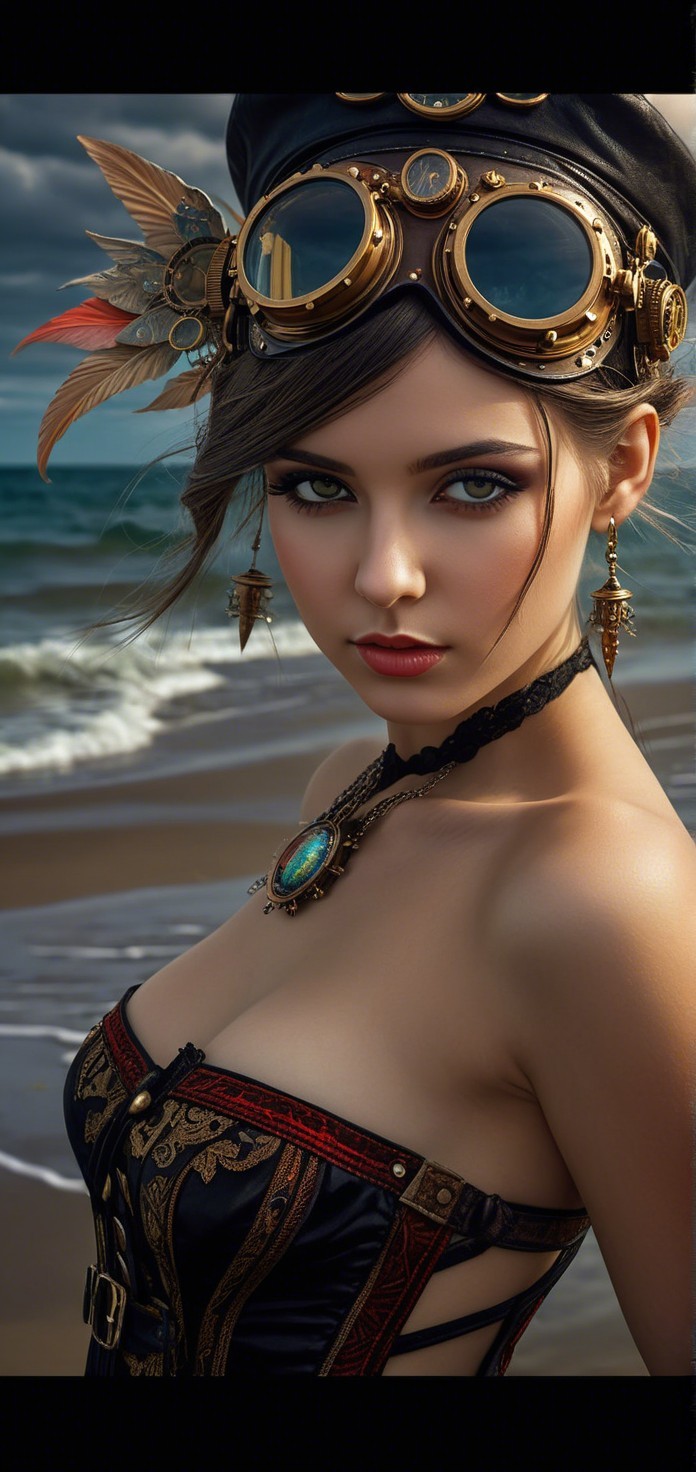 Young Woman in Steampunk Attire on Beach Background