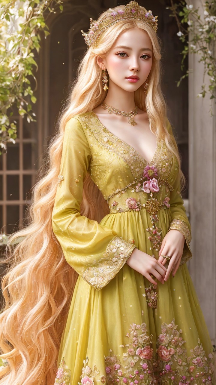Young woman in vibrant yellow gown with floral designs