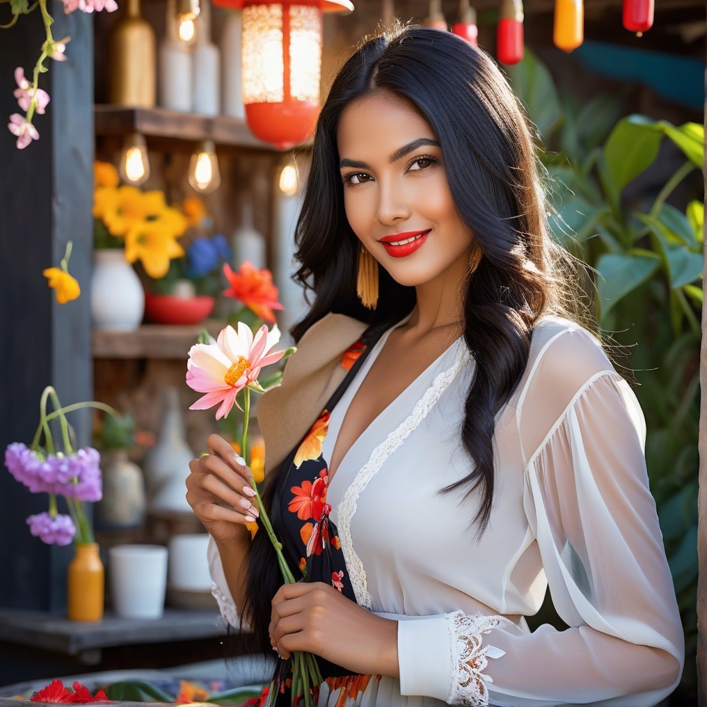 Woman in Floral Dress Smiling with Flower in Garden