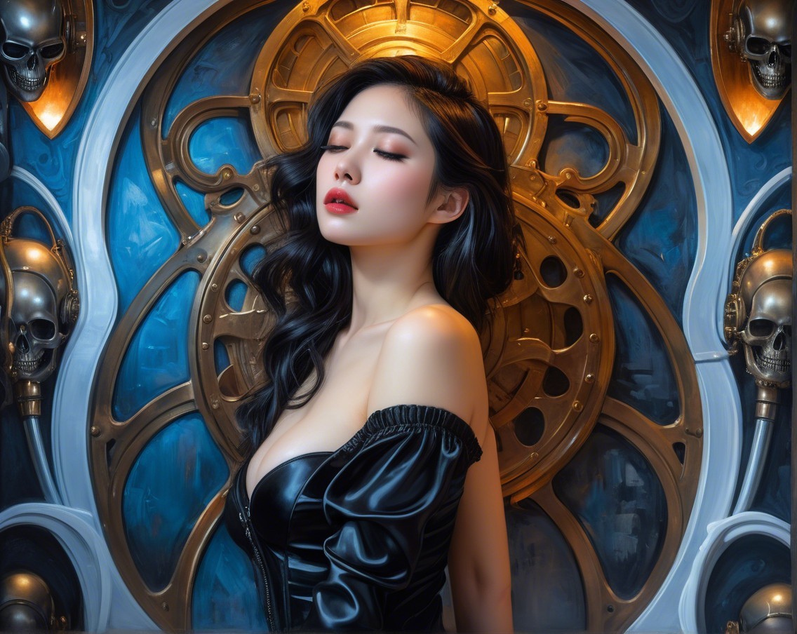 Woman in Black Leather with Steampunk Background