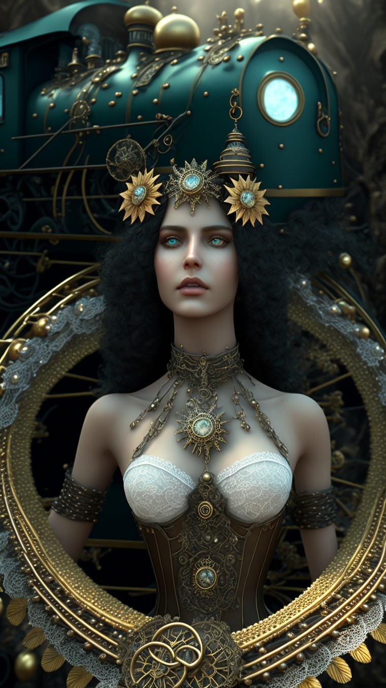 Steampunk Woman with Ornate Train and Intricate Jewelry