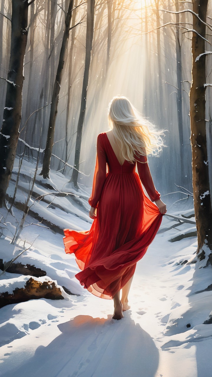 Solitary Figure in Red Gown in Snowy Forest