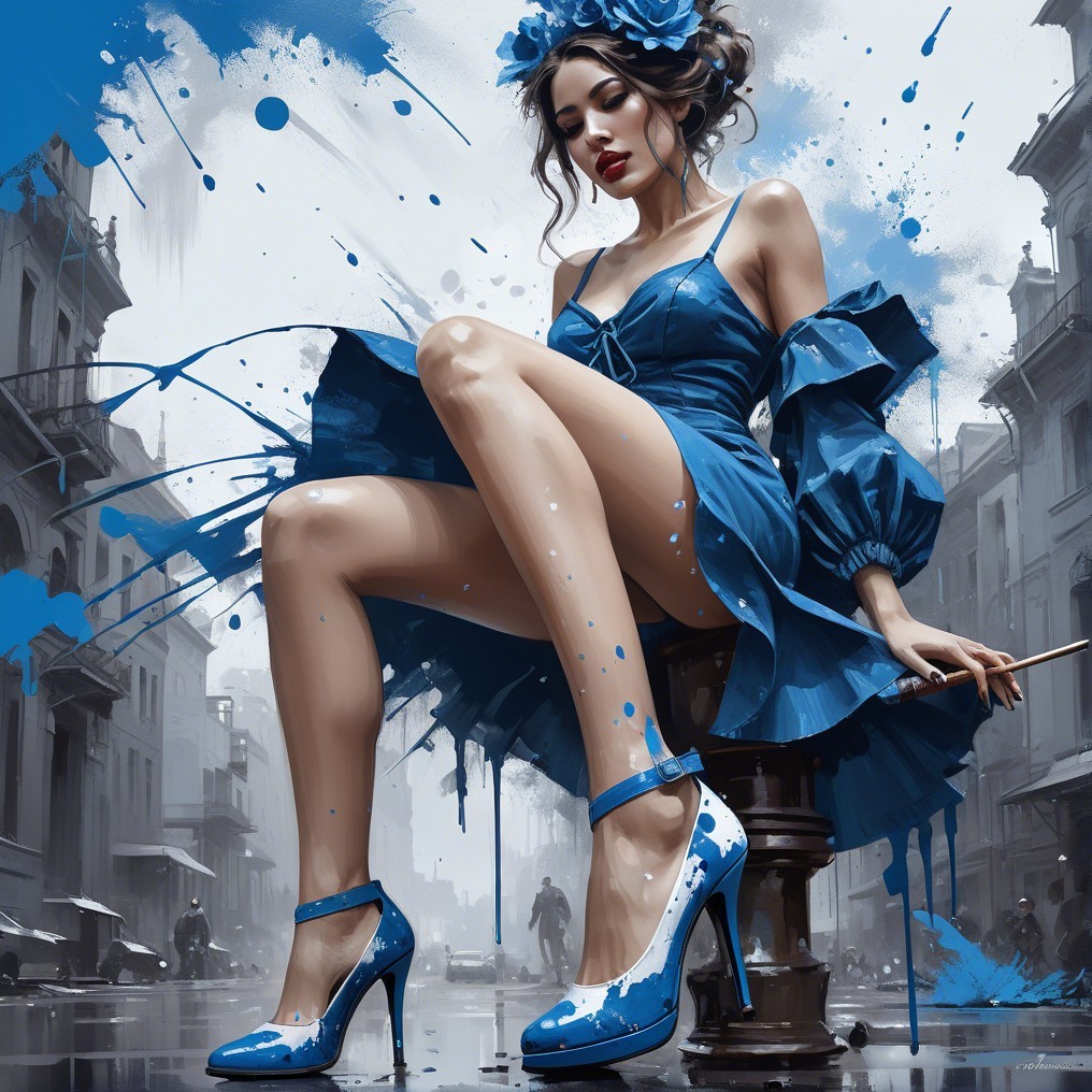 Stylish Woman in Blue Dress Against Cityscape Background