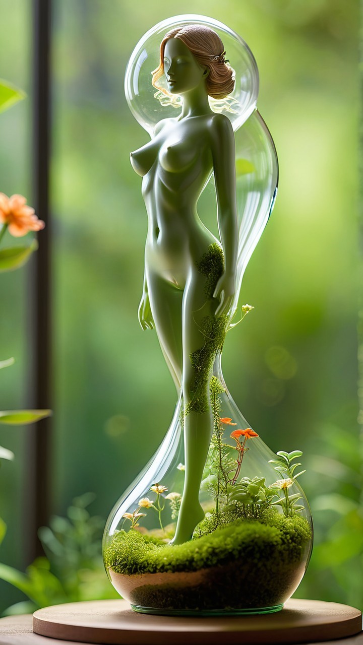 Translucent Hourglass Figure with Moss and Flowers