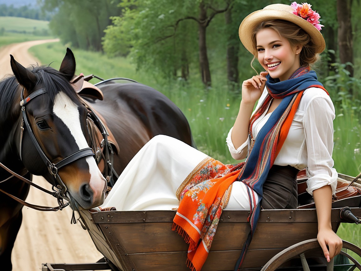 Young woman in rustic cart with horse in countryside