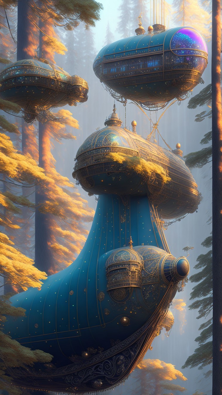 Surreal Futuristic Airships Among Tall Trees