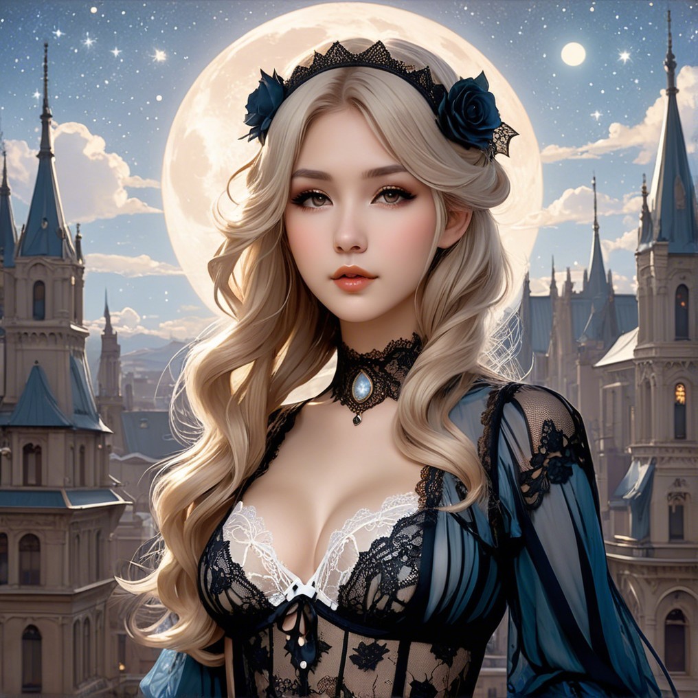 Young woman in gothic attire with moonlit castle backdrop