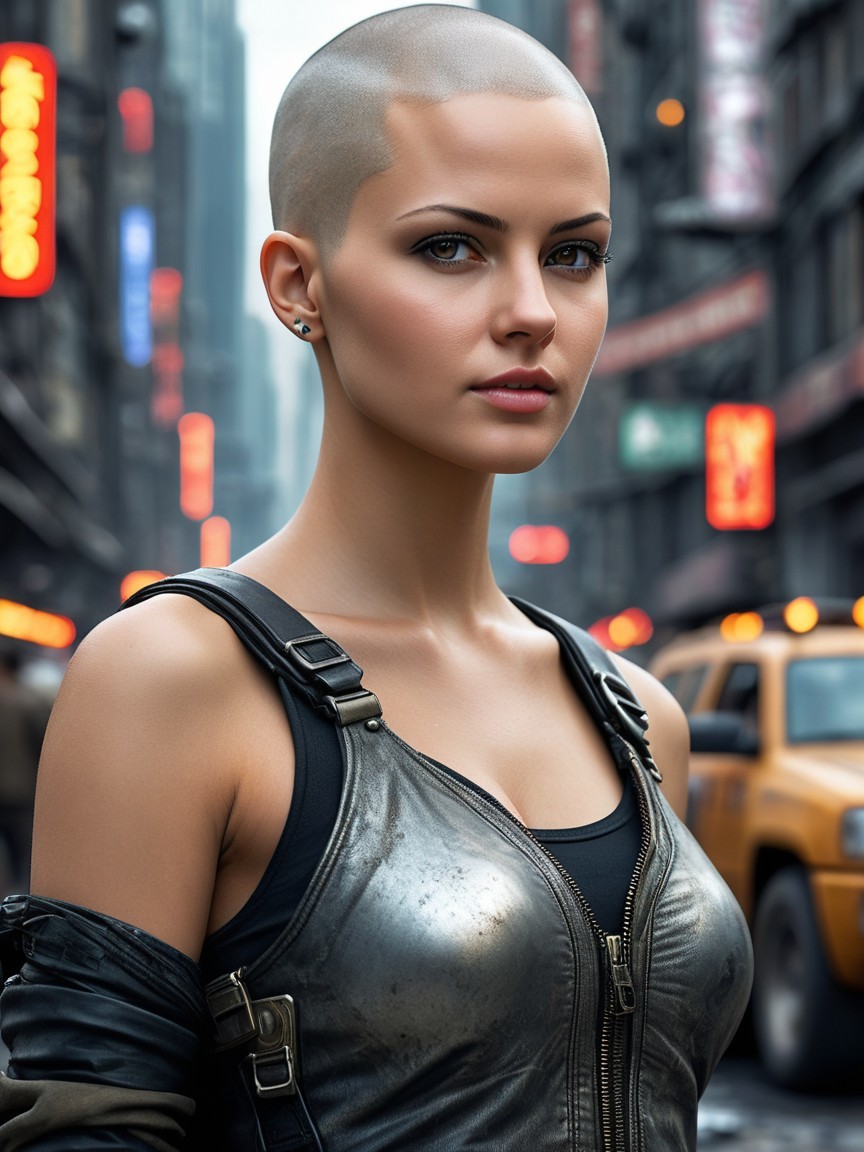 Confident Young Woman in Urban Setting with Neon Lights