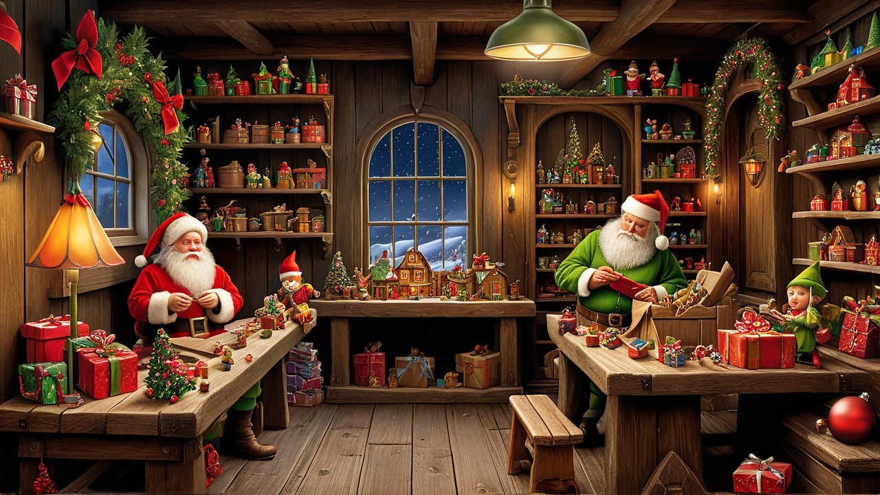 Cheerful Santas and Elf in a Rustic Christmas Workshop