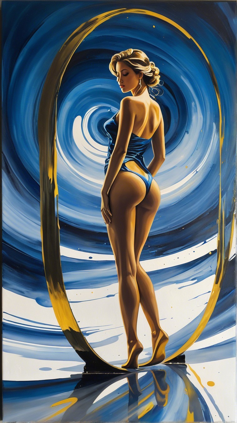 Stylized Female Figure in Blue Garment with Dynamic Background