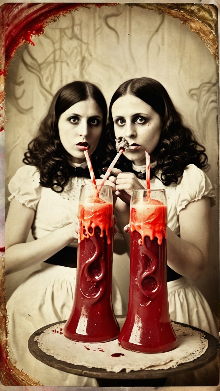 Women in Vintage Setting with Eerie Beverage Display