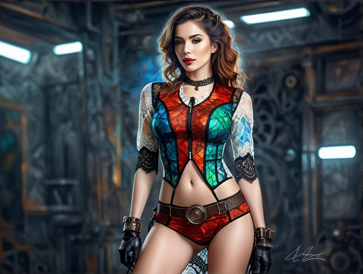 Confident Woman in Colorful Stained-Glass Outfit