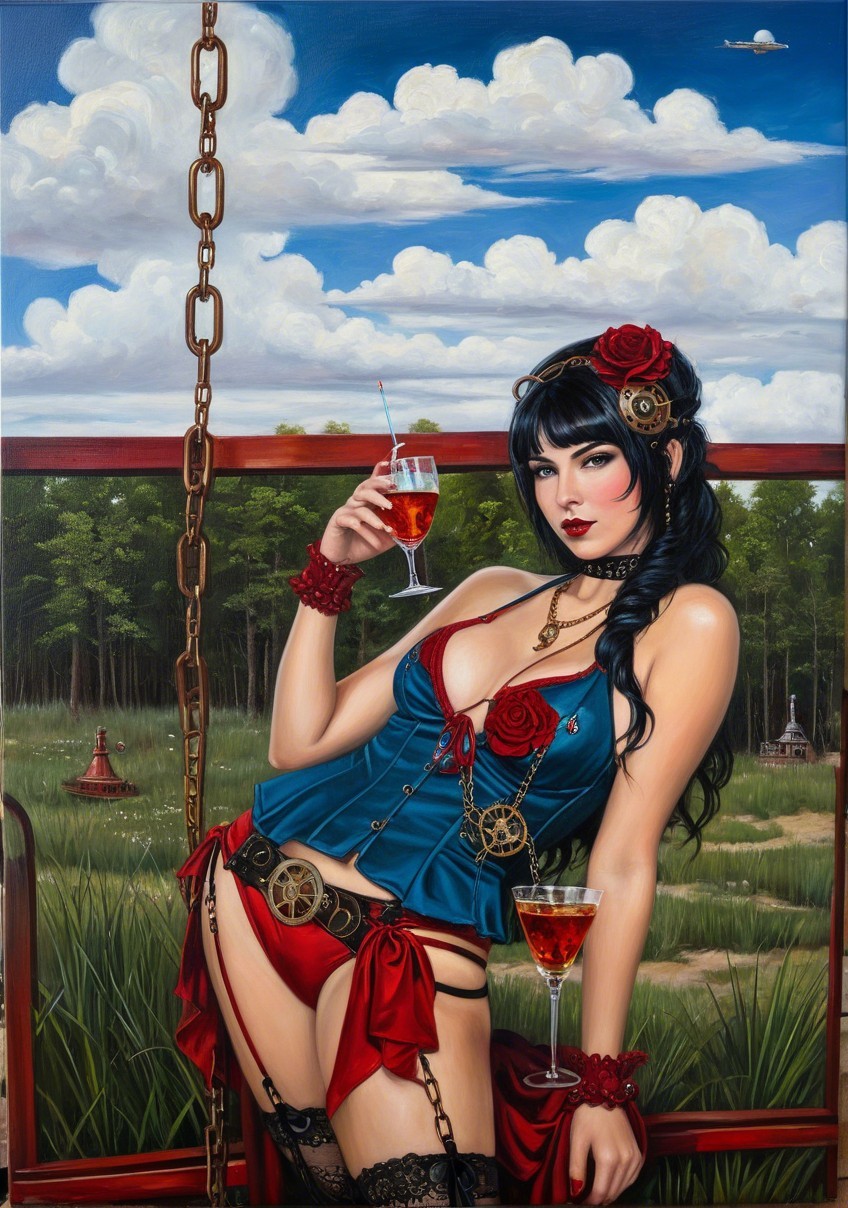 Steampunk Woman on Swing in Lush Greenery