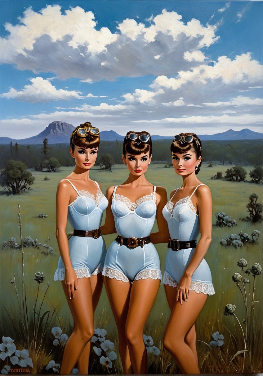 Three Women in Vintage Swimsuits with Scenic Backdrop