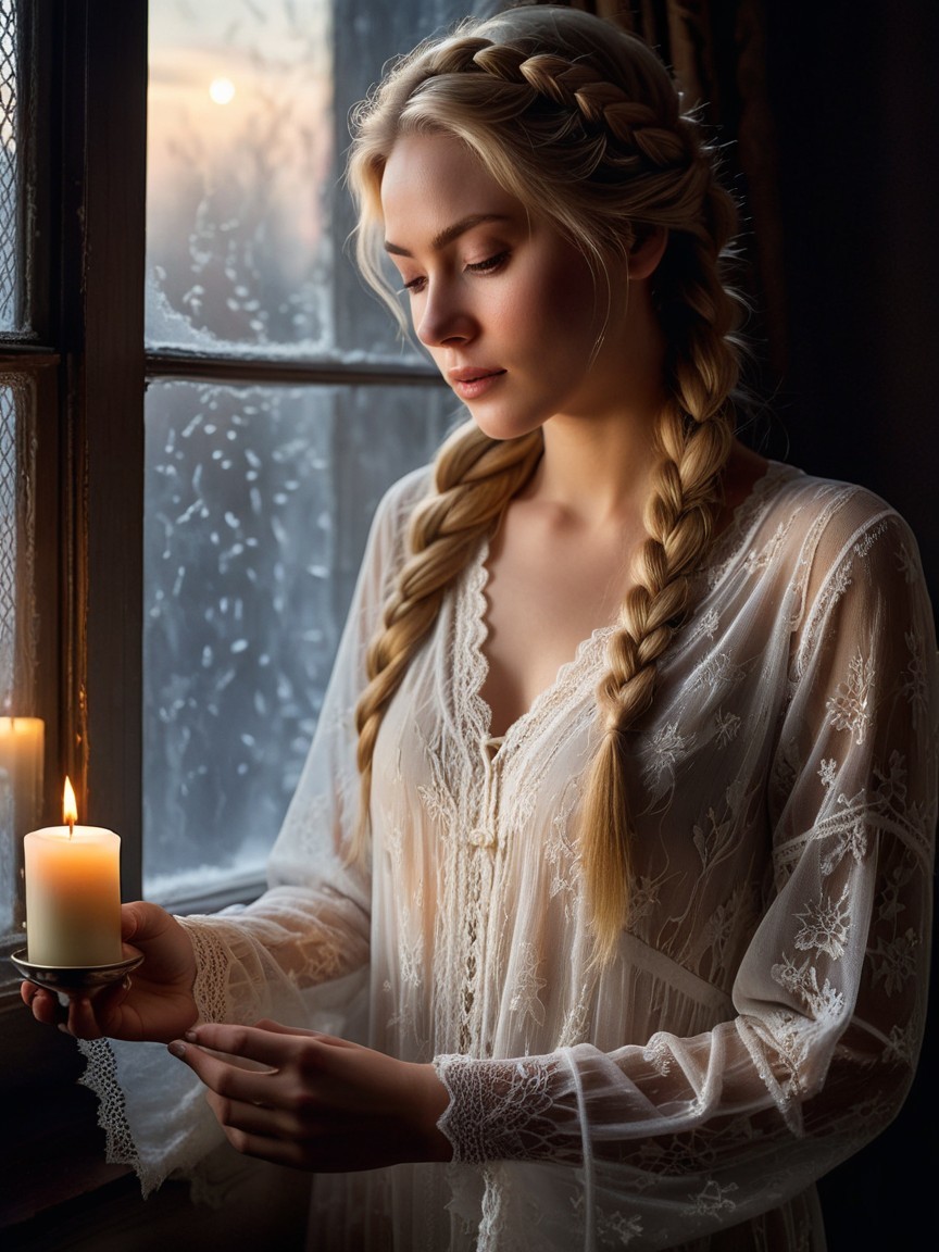 Portrait of a Young Woman with Candle and Frosted Window