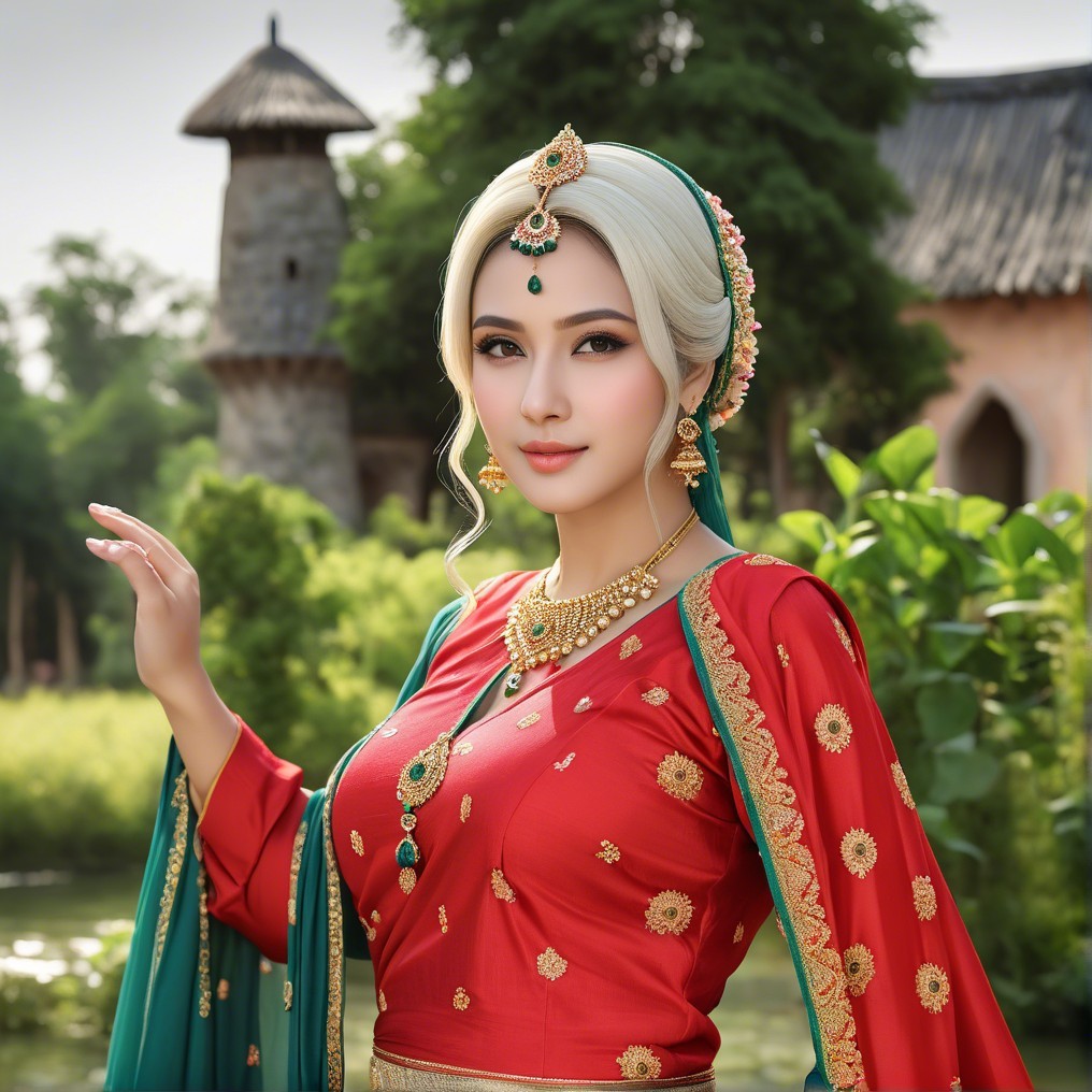 Woman in Traditional Red and Gold Outfit Outdoors